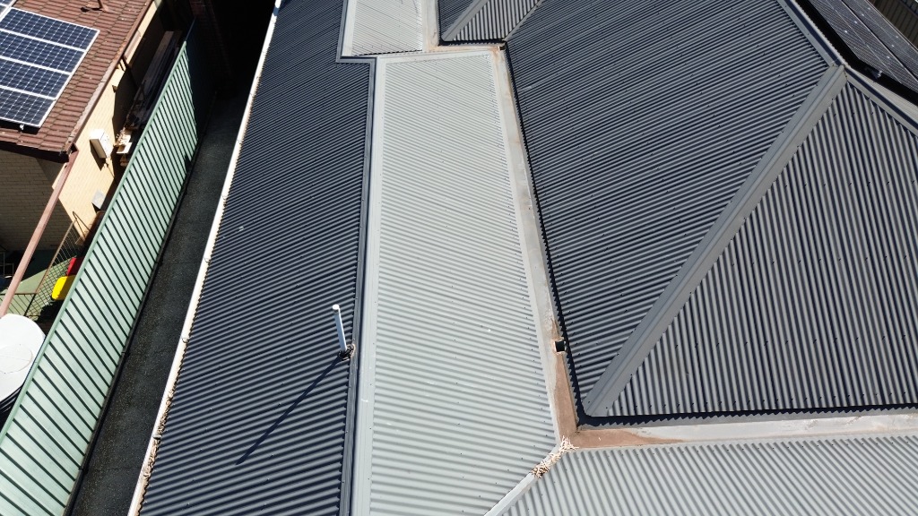 Drone view of a complex roof structure during an Adelaide home inspection